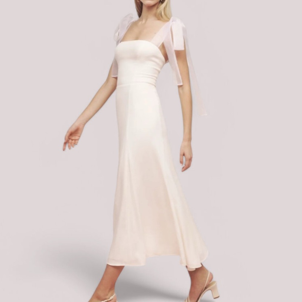 Reformation Kairo Midi Dress Ivory Smocked Back Tie Ribbon Straps Bridal Size 6